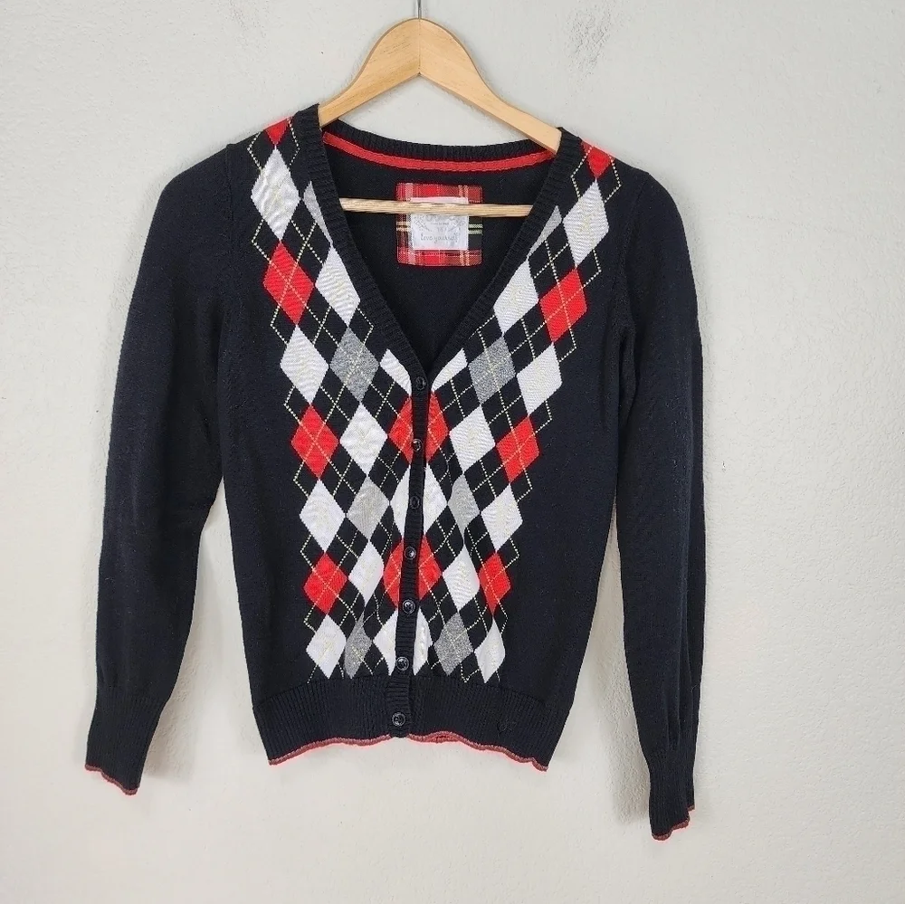 Justice Argyle Black Red White Girls Cardigan Sweater Size 14